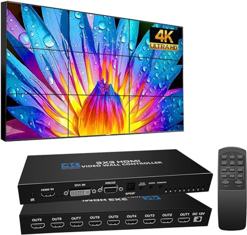Video Wall Controller 3x3 4K HDMI Processore da parete TV Controller da parete per TV, controller per display a 9 canali con telecomando per 9 schermi TV in 1 display da parete