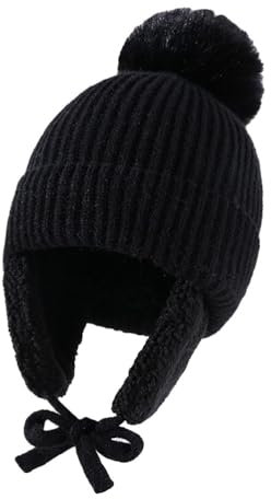 XNDZ Bonnet d'hiver chaud avec cache-oreilles pour garçons et filles - Doublure en polaire épaisse - Pompons - Bonnet de ski et de sports de neige, Noir , 3-12 Years