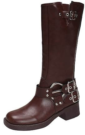 ERICAT Women's Mid-heeled Knee-high Boots Hundreds Of Metal Buckle Western Boots Thick Heeled Thigh-high Knight Boots Autumn and Winter Casual Fashion Boots
