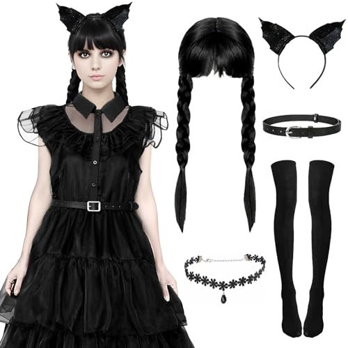 Alaiyaky Wednesday Kostüm Set, Karneval Kostüm Damen Mädchen Wednesday Kleid mit Perücke, Wednesday Outfits Schwarz Abendkleid für Karneval Halloween MottoParty (Damen C, XL)