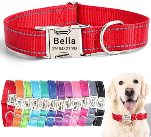SEOUGEE Personalised Dog Collar with Engraved Metal Buckle, Reflective Nylon Collars for Small Medium Large Dogs with Custom Name Plate Phone Number (Red, L:Neck 40-60cm,Width 2.5cm)