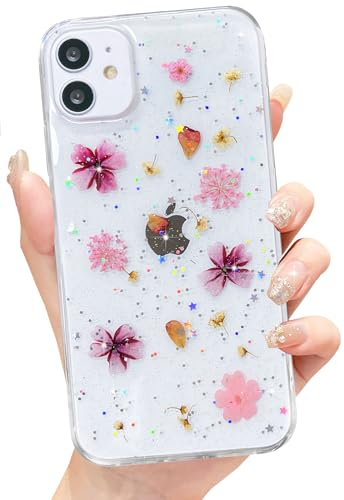 Abbery für iPhone 11 Hülle Blumen Muster Durchsichtig Mit Getrocknete Blumen Motiv Glitzer Silikon Frauen Mädchen Stoßfeste Anti-Kratzer Handyhülle Cover (Rosa)