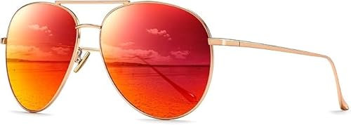 SUNGAIT Übergroße Sonnenbrille für Damen, leicht, modisch, verspiegelte, polarisierte Gläser, Hellgoldener Rahmen/orange-rote verspiegelte Gläser
