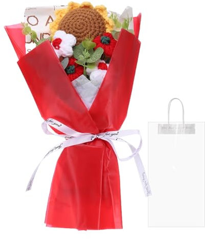 QUARKZMAN Mazzo Fiori Uncinetto, Bouquet Girasoli Fatti a Mano, Bouquet Fiori Artificiali Uncinetto per Festa Mamma, Compleanni, Matrimoni, Lauree, Rosso