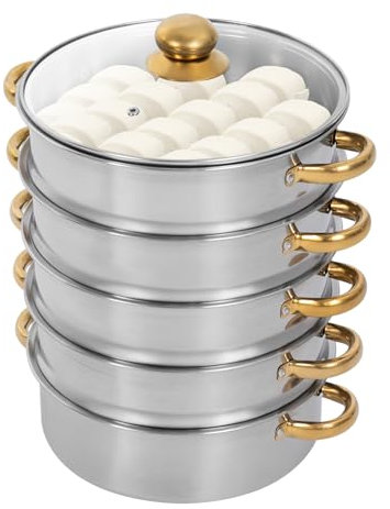 26/28/30cm 5 Etagen Dampfkochtopf Edelstahl Dampfgarer Topf Mit Glasabdeckung Gold Silber Dampfkocher Geeignet für Gaskochfelder Induktionskochfelder und Elektrische Tontöpfe usw (Gold Silber, 26 cm)