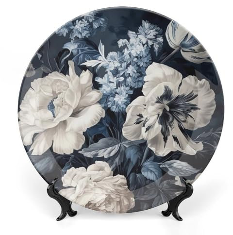 GFLFMXZW Bone China Decorative Plate with Display Stand Painting of White Flowers Ceramic Decorative Plates Round Ceramic Dinner Plate Art Crafts Ceramic Ornaments for Home Office Wall Decor 10 inch