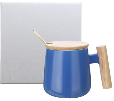 sourcing map Ceramic Coffee Mug Set 12.85 Oz Simple Wooden Handle Large Tea Cup Handmade Ceramic Mugs Gift Box with Lid and Spoon for Office Kitchen Home and Gifts for Women and Men, Blue