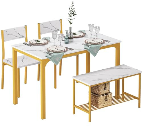 SogesHome Essgruppe Esstisch Set 4-teilig Esszimmertisch Möbel Tisch Set 2 Stühlen und Sitzbank mit Ablage aus Holz und Stahlgestell für Esszimmer Küche