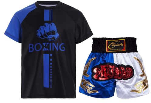 Oyolan Bambino Ragazzo Short da Boxe e T-Shirt Set Completo da Boxe Muay Thai MMA Kick Boxing, 11-12 Anni