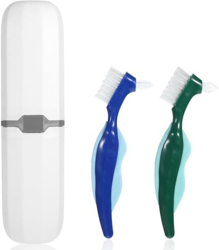 2 Pcs Denture Brush Multi-Layered Hard Bristles Toothbrush Portable Dental Cleaning Tools Double Sided Retainer Brushes with Case for Travel Camping Outdoor Gym Dental Care