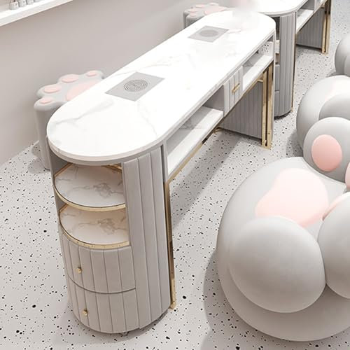 TT-YEC Double Manicure Table, Modern Luxury Manicure Table, Metal Frame Marble Top Beauty Manicure Table with Nail Powder Collector And Socket, Beauty Salon Desk,L150CM