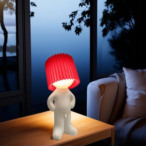 Kreative Nachtlicht A Little Shy Man, Lustige Schüchterner Mann Lampe Tischlampe, LED Tischlampe Mit Schirm, Romantische LED Nachttischlampe Schlafzimmer Deko Lampe (Rot)