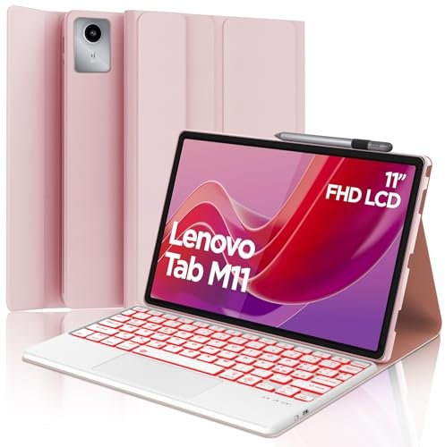 SENGBIRCH Funda con Teclado para Lenovo Tab M11 (2024) 11 (TB330FU / TB330XU) - Teclado con Touchpad Español Ñ Bluetooth Inalámbrico Retroiluminación para Tablet Lenovo Tab M11 (2024), Rosa Claro