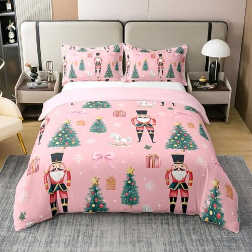 Parure de lit de Noël 100 % coton bio avec housse de couette et 2 taies d'oreiller pour très grand lit, motif casse-noisette, nœud papillon, rose