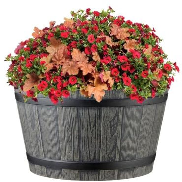 Gardening Naturally Wooden Barrel Effect Crocus Pot - Recycled Plastic, UV & Frost Resistant, By Flowersea (Light Grey, 30cm)