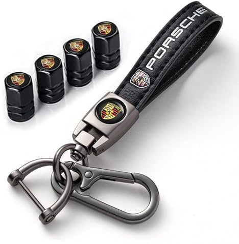 Cuir Porte-clés de Voiture et Capuchon de Valve Auto Bouchons de Valve pour Porsche Panamera Cayenne Macan Boxster Taycan Cayman 718 911, Porte-clés Pneus de Voiture Accesoire Replacement