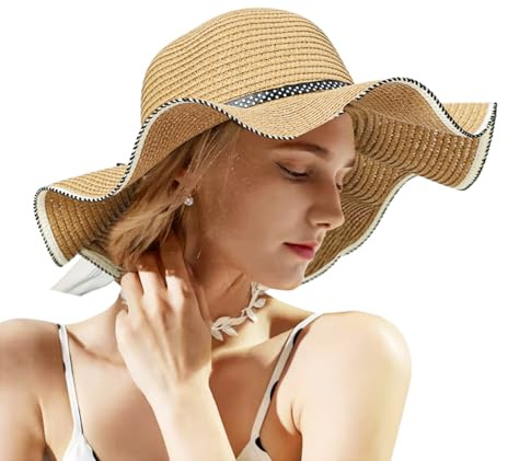 Damen Sonnenhut UV-Schutz Strandhut Strohhut Damen, 55-60CM Sommerhut Verstellbare, UPF 50+ Strohhut mit Breite Krempe, Panamahut für Strand, Garten, Pool, Park, Khaki