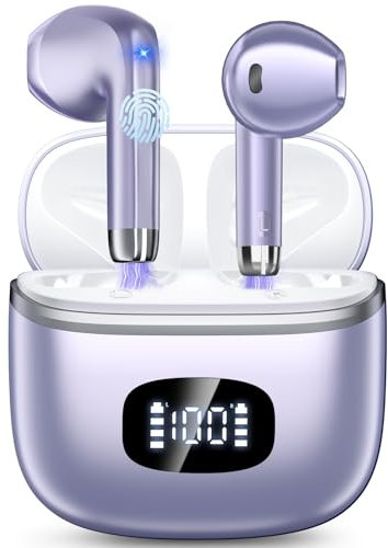 Bluetooth Kopfhörer, Kopfhörer Kabellos Bluetooth 5.3 mit 4 ENC Noise Cancelling Mic, kopfhörer kabellos HiFi Stereo, LED-Anzeige, 40 std Spielzeit, USB-C, In Ear Ohrhörer für Arbeit Spiel Sport, Lila