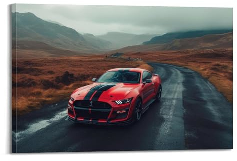 Sportwagen-Poster für Mustang Shelby GT500, Bergstraße, Regenwetter, Geschwindigkeit, Abenteuer, Poster, dekorative Malerei, Leinwand, Wandposter und Kunstdruck, moderne