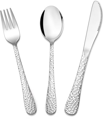Herogo 18 Pcs Stainless Steel Kids Cutlery Set for Toddler, Mirror Polished | Dishwasher Safe, Children Toddler Flatware Set Include Spoons, Forks, Knives, Hammered Handle & Smooth Edge