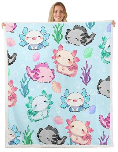 richhome Simpatica coperta in pile Axolotl per bambini, 76 x 101 cm, motivo: salamandra, in peluche, pelosa, pelosa, per bambini, adolescenti, adulti, Kawaii, oceano, vita marina, rosa, blu, verde