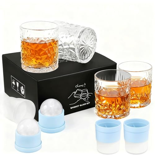 GTOBES Wiskeygläser- 4er set, 315ml Classic Gin Gläser Rum Set Geschenk Männer, Lristallglas Rum Tumbler für Vater, Ehemann, Whiskey Tumblers für Kraken Cognac Wodka Bacardi Tequila Gläser (Diamant)