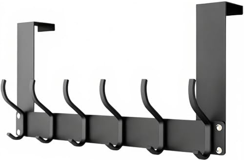 Crozgan Stainless Steel Over Door Hanger with 12 Hooks Black | Assembly-free heavy duty over door organizer rack; matte texture coat hat towel hanging storage rack for bedroom