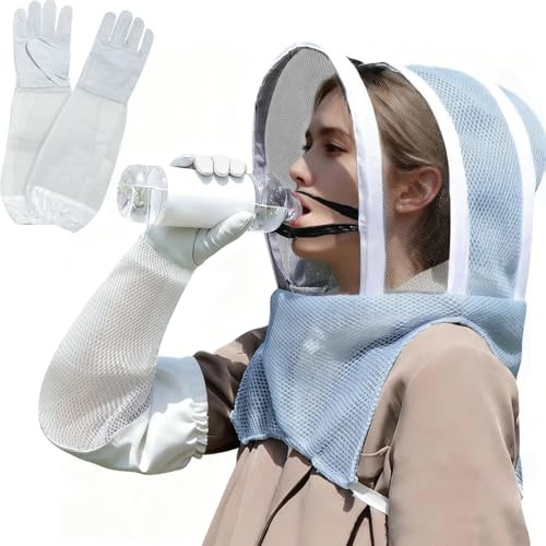 EHERDM Bee Keeper Hat with Veil and Gloves Breathable Bee-Proof Fencing Net Mask Front Zipper for Drinking Water Sheepskin Long Glove Professional Protective Gears for Beekeeping