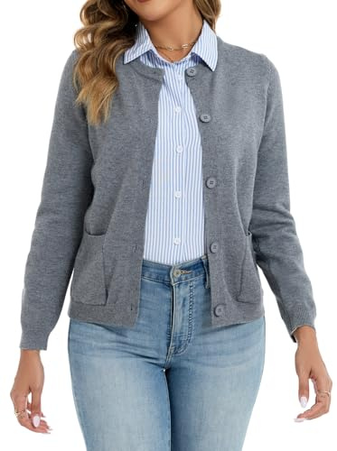Dosieyeo Damen Strickjacke Langarm Rundhals Kurz Feinstrick Cardigan mit Knopfleiste Taschen Casual Weiche Dünne Strickweste