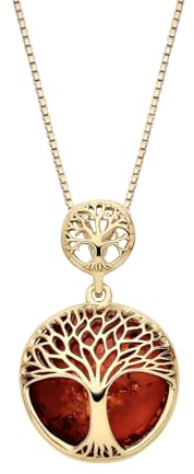 Old English Jewellers 9ct Gold on Sterling Silver Baltic Amber Tree of Life Ladies Necklace -Natural Womens Teens Round Amber Tree Pendant on Italian Box Chain -Pendant only or 16-24 Inch