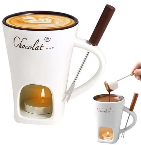 Hojalis Schokofondue Tasse, Keramik Schokoladenfondue Tasse, Schokoladenschmelz Becher mit Teelicht und Gabeln, 130ml Schokoladen Fondue Becher Set für Käse, Schokolade, Butter und Karamell