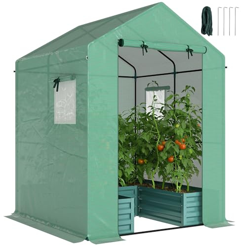 Outsunny Small Greenhouse with Raised Garden Bed 141 x 141 x 190 cm Green