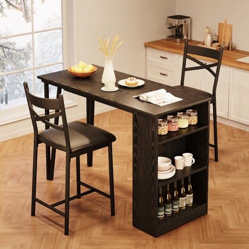 GarveeTech 3-Teiliges Bartisch Set – Küchenbar Mit 2 Barhockern, Ausklappbare Tischplatte & Stauraumregal, Platzsparende Essgruppe Für Kleine Küche & Wohnung, Schwarz