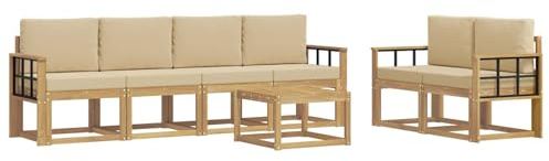 vidaXL Outdoor-Sofagarnitur mit Kissen 7 pcs Weiß und Beige, Moderne Outdoor-Sofagarnitur, robuste Eckcouch, stylisches Gartenmöbel, Akazienholz, Bequeme Sitzplätze