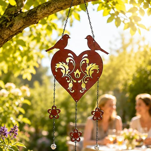 KAMACA Metall Herzdeko mit Vögeln zum Hängen Rostoptik 71 cm – Herz Fensterdeko Gartendeko Metallhänger mit Blumen & Glöckchen für Garten Terrasse Balkon Innen & Außen