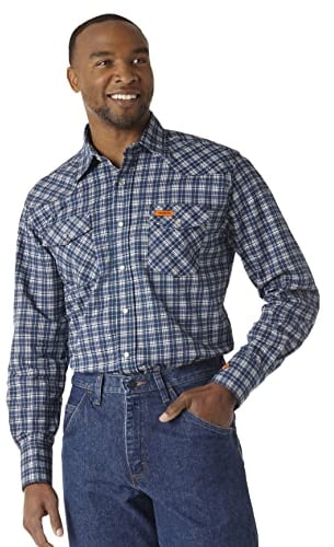 Wrangler Herren Fr Flame Resistant Western Langarmhemd mit Zwei Taschen und Druckknöpfen Work Utility Hemd, Marineblau (Navy Plaid), Mittel