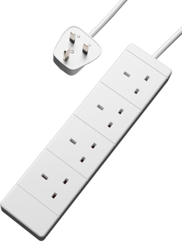 rhinocables Standard UK Extension Lead (1m, White) | 13A 4 Way Socket Cable for Daily Domestic Use, BS1363/A Rated 230V Power Line, White