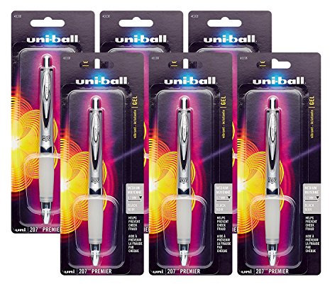 Uni-Ball 207 Premier Retractable Gel Rollerball Pen, 0.7mm, Medium Point, Black Ink (6 Pack, Black)
