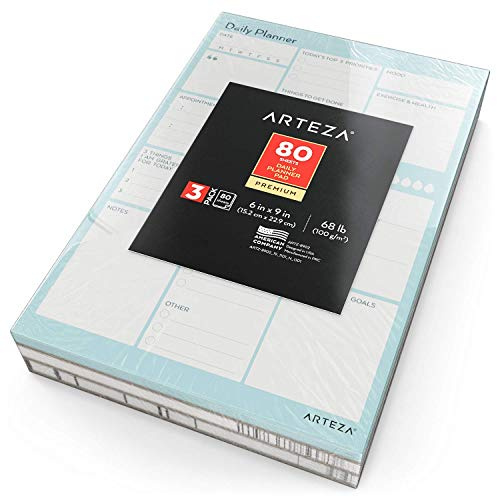 Arteza Tagesplaner, 15.2 x 22.8 cm To-Do-Liste, 3er Pack jeweils 80 Blätter 100 g/m2, To-Do-Listen-Block für Prioritäten, Mahlzeiten, Aufgaben, Kalendertermine, Sport, Erinnerungen