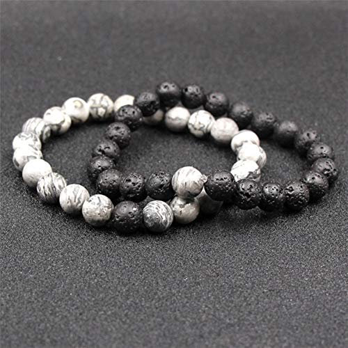 Lavastein Armband, Klassische Naturstein Perlen Armbänder Für Männer, Frauen, Verstellbare Elastische Manschette Mit Rollrand Unisex Armband Schmuck Festival Paar Geschenk Der Freundschaft Weiß S
