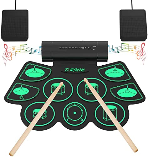 Kit de Batterie Électronique, Uverbon Portable Batterie Musique with 9 Drum Pads Percussions Instruments Haut-Parleur Stéréo Intégré avec Pédale de 2 Pieds pour Enfants et Débutants