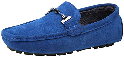 Jamron Mens Elegant Buckle Loafers Comfort Suede Driving Shoes Stylish Moccasin Slippers RoyalBlue Plush SN19020-2 UK6.5