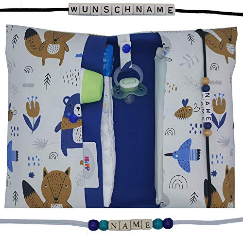 Generic XXL Windeltasche mit Name - Wickeltasche für 0-3 Jahre - Unisex - Fuchs, Bär + Hase Blau/Beige