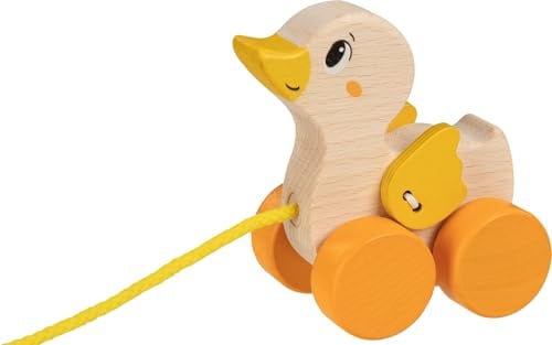 goki 54884 Ziehtier Ente aus Holz, Nachzieh-Spielzeug mit Tiermotiv, Lernspielzeug inklusive Schnur, Babyspielzeug fördert Koordination und Motorik der Kleinkinder, 8cm x 5cm x 9cm, ab 1 Jahr