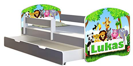 ACMA Kinderbett Jugendbett mit Einer Schublade und Matratze Grau mit Rausfallschutz Lattenrost II (01 Zoo name, 180x80 + Bettkasten)