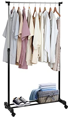 Trintion Kleiderständer auf Rollen Höhenverstellbar Kleiderstange 90-160cm Rollgarderobe mit Ablage Stabil Ausziehbare Garderobenständer für Schlafzimmer Schwarz