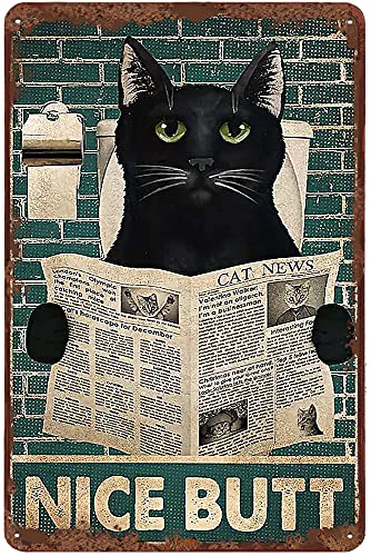 Dreacoss Nice Butt Cat Reading Fun Tin Sign Black Cat Decor Vintage Cat Art Cat Badezimmer Dekor Katze Wanddruck Tierschilder Wandbehang für Badezimmer 20,3 x 30,5 cm