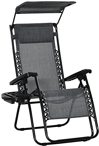 Outsunny Foldable Reclining Garden Chair with Headrest, Zero Gravity Deck Sun Lounger Seat Chair with Footrest, Armrest, Cup Holder & Canopy Shade, Light Grey