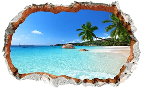 WandSticker4U®- 3D Wandtattoo URLAUBSINSEL I Wandbild: 90x60 cm I Wandsticker selbstklebend Meer Strand Palme Poster I Wand Durchbruch Deko für Wohn- & Schlaf-zimmer Küche Bad Aufkleber