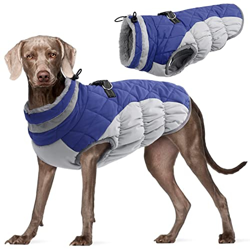 Kuoser Hundejacke Wintermantel für Große Hunde - Wasserdicht Winterweste Mit Geschirr - Warme Jacke Hundepullover Haustier Skifahren Kostüm Blau, 3XL